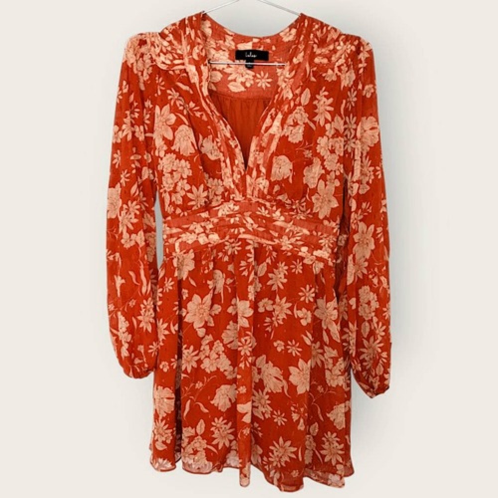 Lulus Small Burnt Orange Floral Mini Dress Long Sleeve Deep V Boho Flowery Beads - Picture 2 of 16